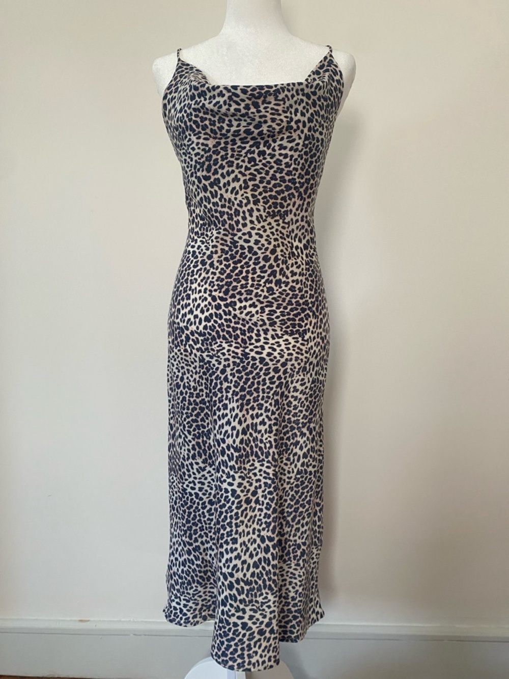 Lovestitch Leopard Print Cowl Neck Bias Cut Slip Midi Dress Crisscross Back S